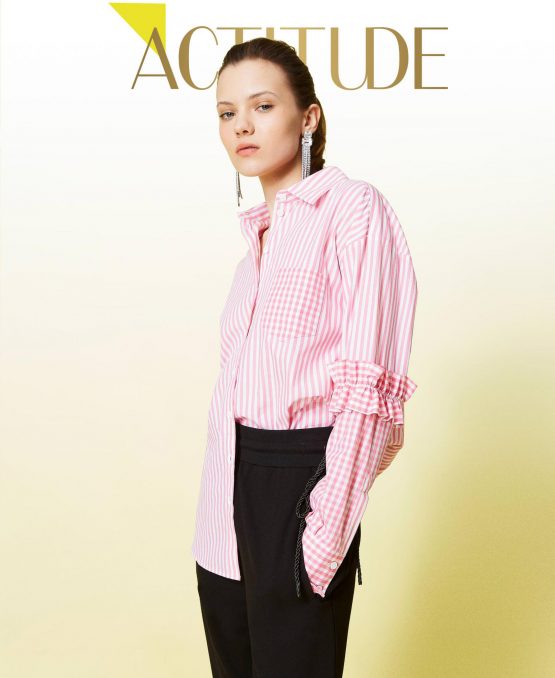 Blusas Y Camisas TWINSET Mujer | Camisa De Rayas Con Inserciones Vichy Bicolor Off White | Rosa «Hot Pink»