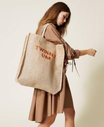 Bolsos Shopper TWINSET Mujer | Bolso Shopper De Paja Con Logotipo Beige «Duna»