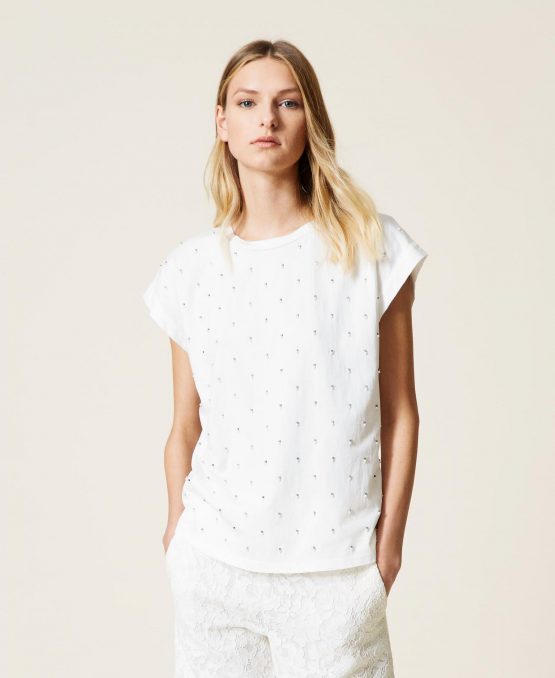 Camisetas Y Tops TWINSET Mujer | Camiseta Con Bordado De Cuentas Blanco