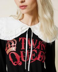 Camisetas Y Tops TWINSET Mujer | Camiseta Con Estampado Twin Queen Y Cuello Negro