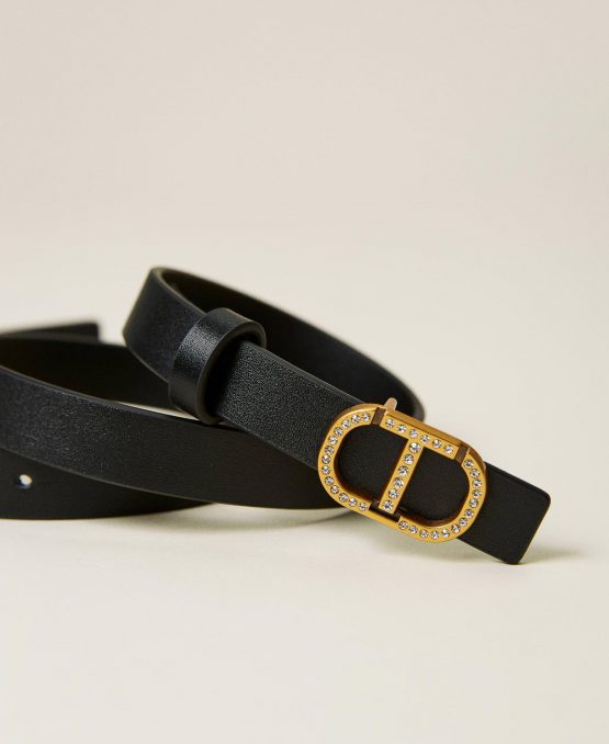 Cinturones TWINSET Mujer | Cinturón De Piel Con Logotipo Y Strass Negro