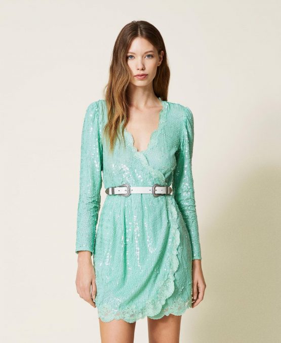 Vestidos Cortos TWINSET Mujer | Vestido De Lentejuelas Con Bordado Verde «Liquen»
