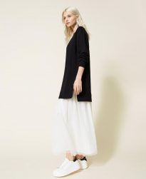 Vestidos Largos TWINSET Mujer | Vestido De Felpa Y Combinación De Tul Bicolor Negro | Blanco «Nieve»