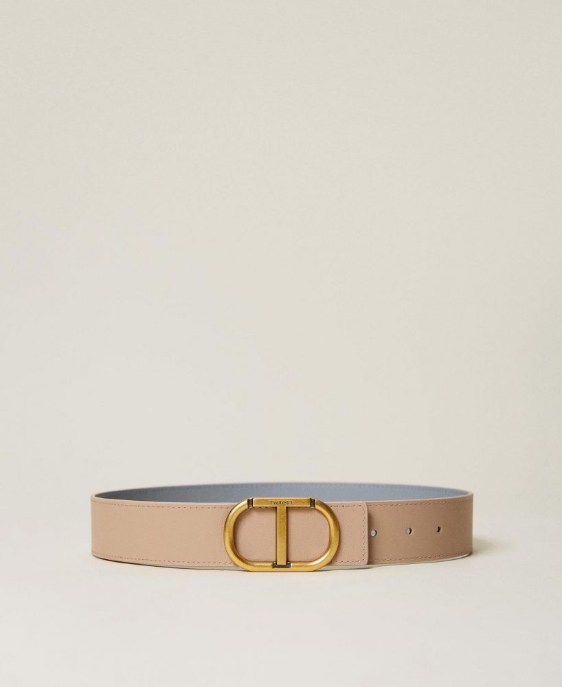 Cinturones TWINSET Mujer | Cinturón De Piel Reversible Con Logotipo Oval T Bicolor Beige «Cuban Sand» | Celeste Infinito
